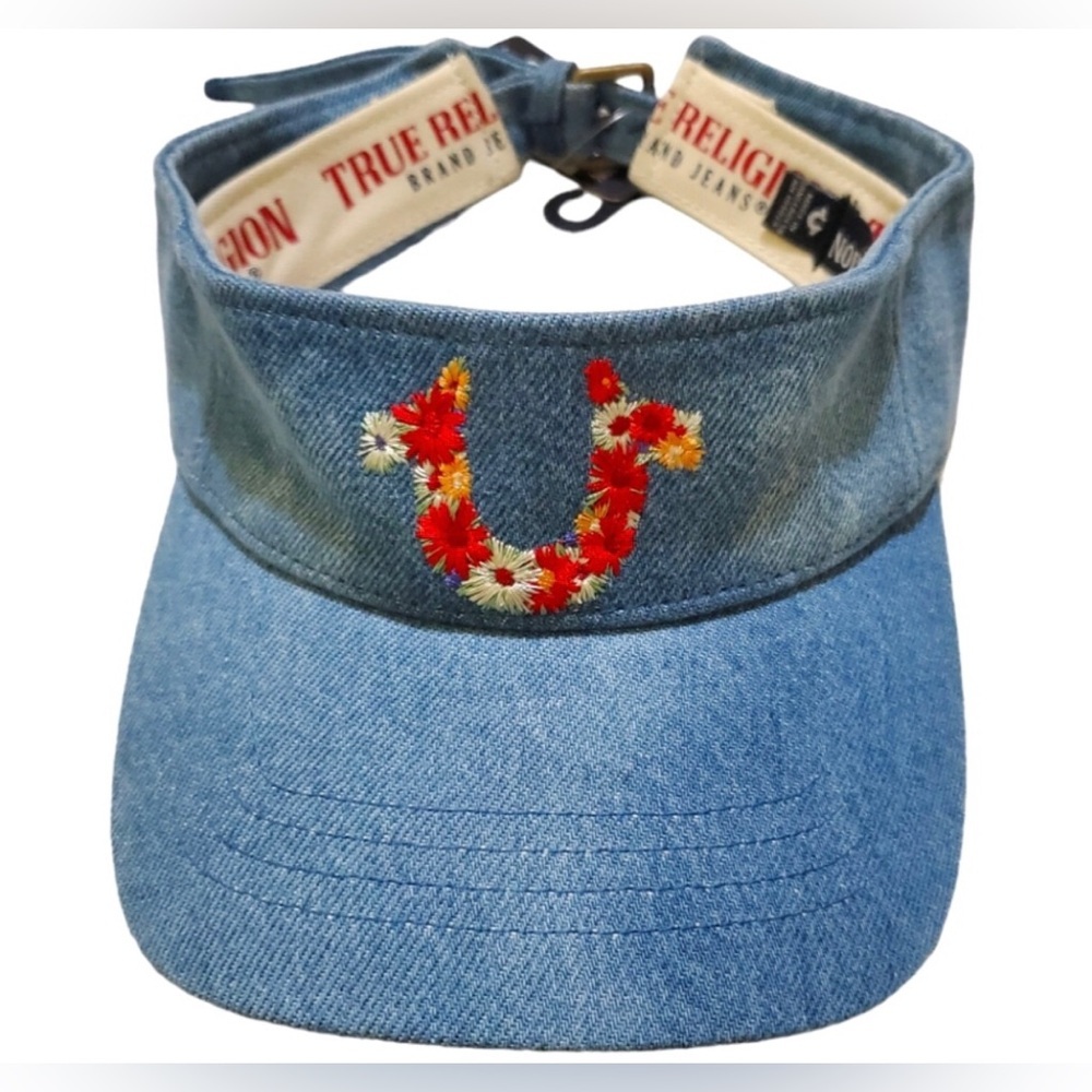 True Religion Floral Logo blue Denim Adjustable Sun Visor Hat‎ new